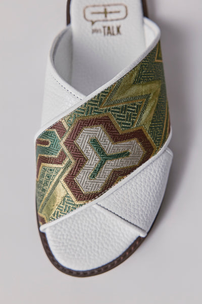 White leather Nishijin-woven sandals
