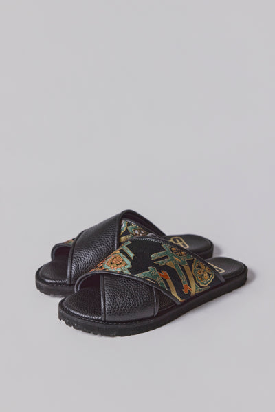 Black leather Nishijin-woven sandals