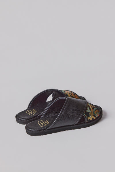 Black leather Nishijin-woven sandals