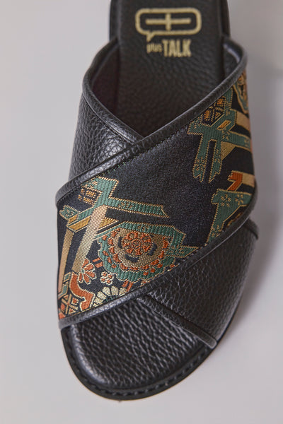 Black leather Nishijin-woven sandals