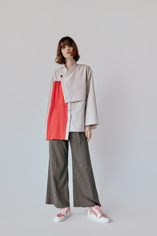 Asymmetrical shirt jacket with flared cuffs