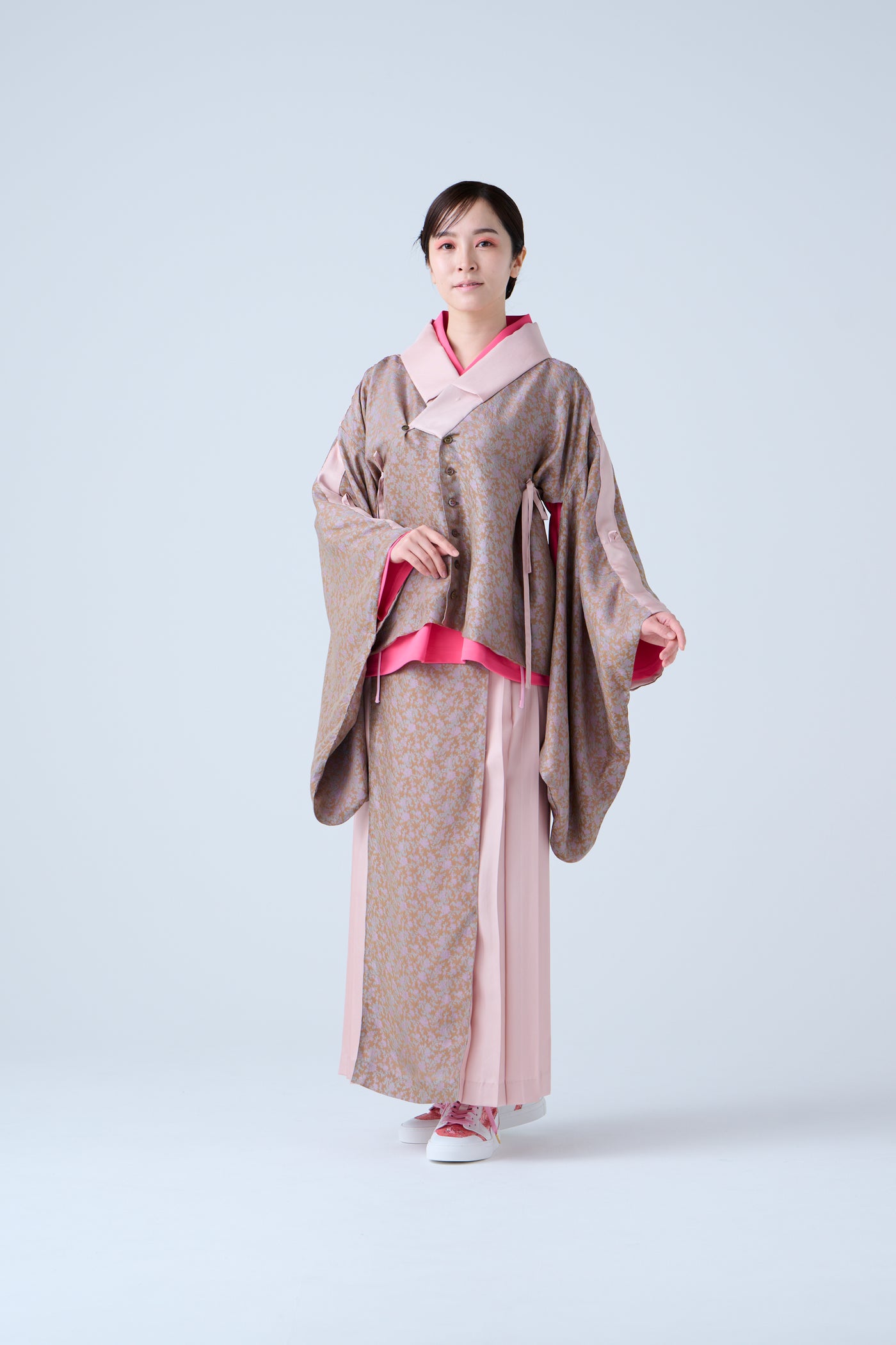 Cupra small flower jacquard pleated skirt in beige and pink
