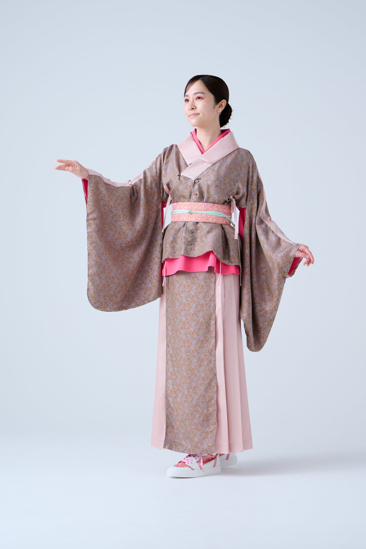 Cupra small flower jacquard pleated skirt in beige and pink