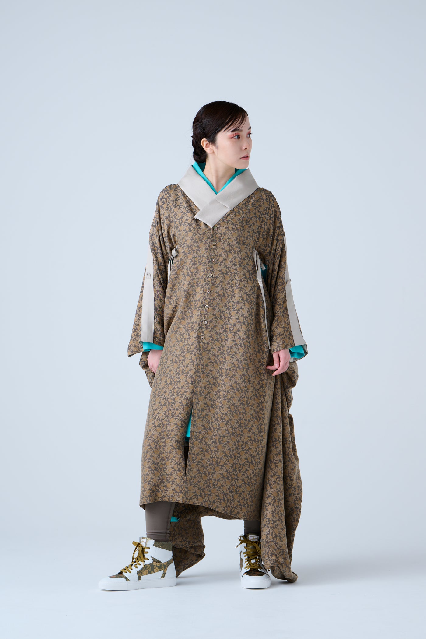 Cupra small flower jacquard long jacket in grey and beige
