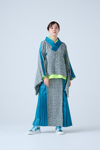 Small Leaf Jacquard Pleated Skirt Blue