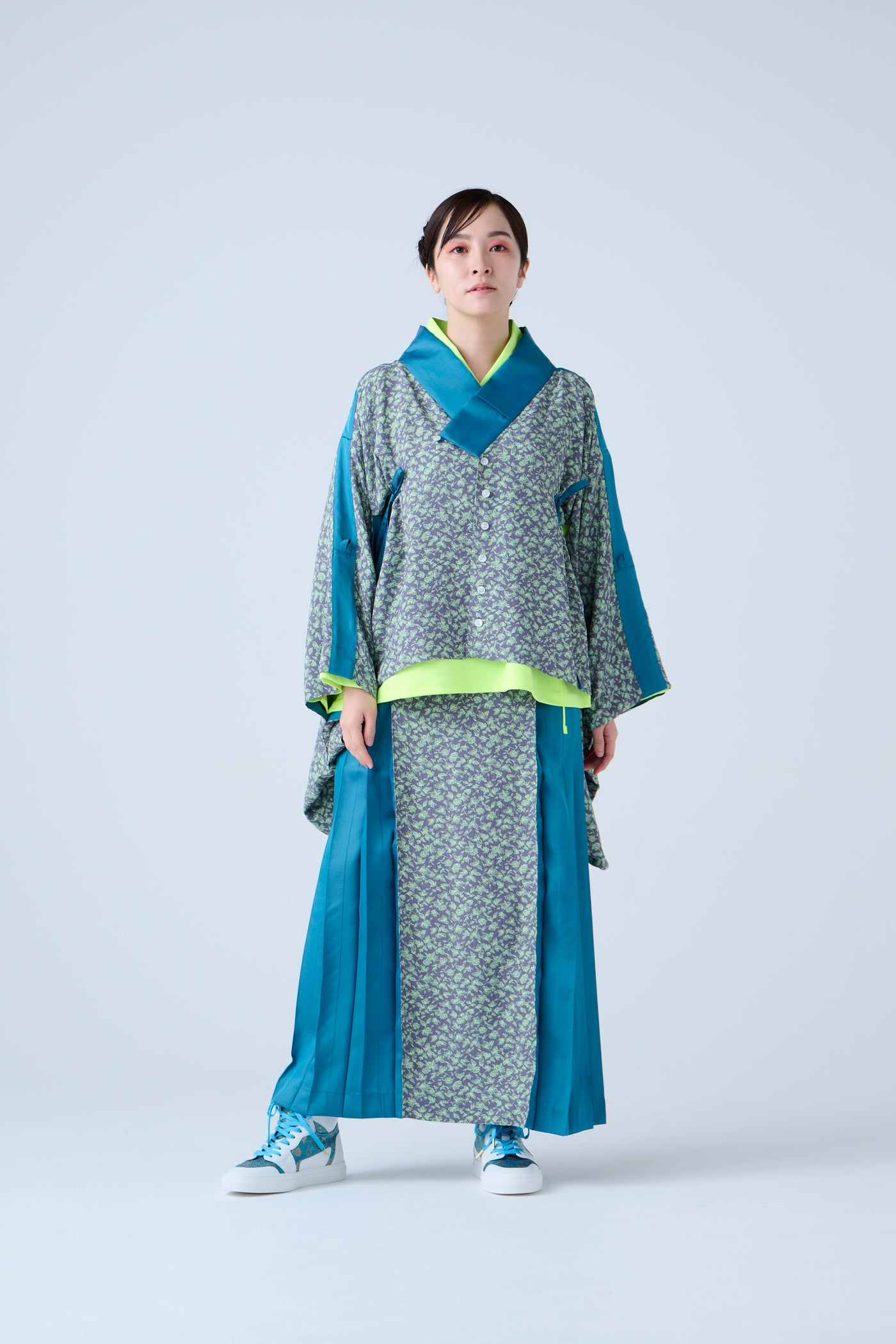 Small Leaf Jacquard Pleated Skirt Blue
