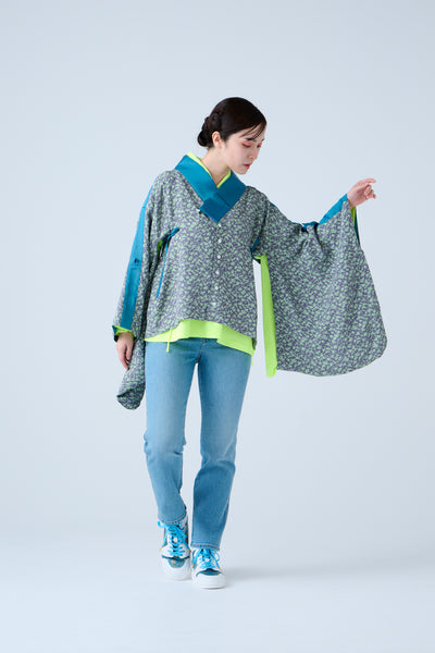 Small Leaf Jacquard Short Jacket Blue