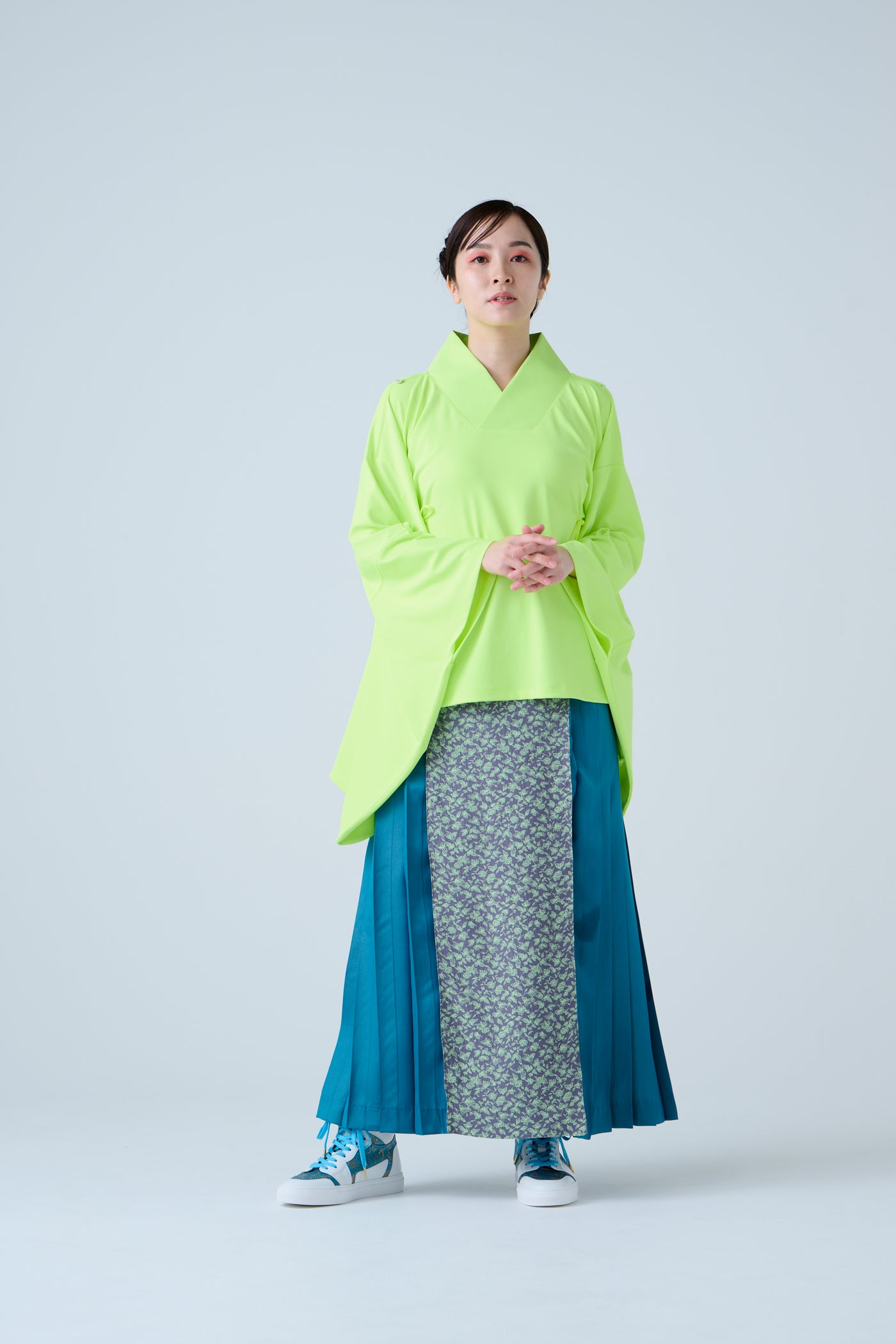 Small Leaf Jacquard Pleated Skirt Blue