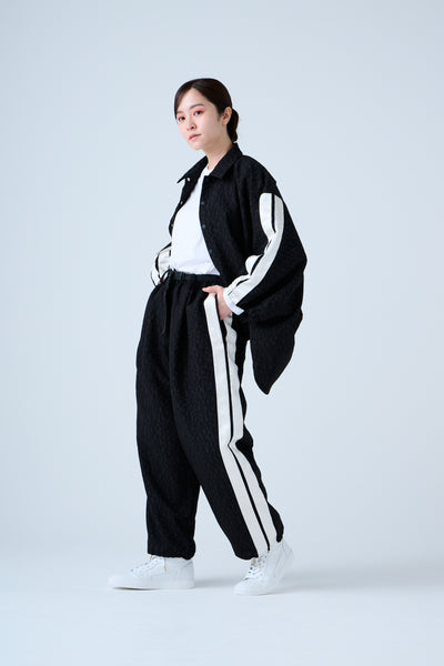 Folded jacquard shirred pants in black
