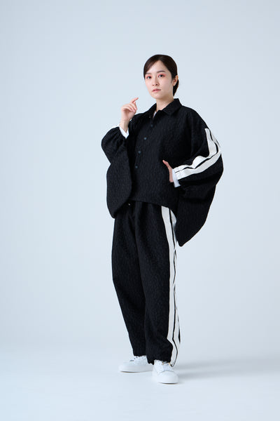 Folded jacquard shirred pants in black