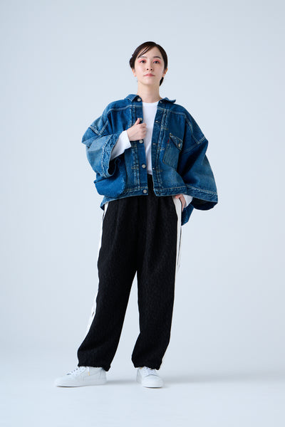 Folded jacquard shirred pants in black
