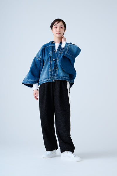 Folded jacquard shirred pants in black