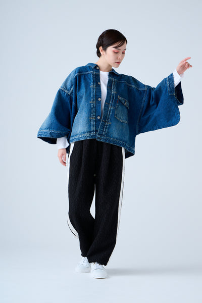 Folded jacquard shirred pants in black