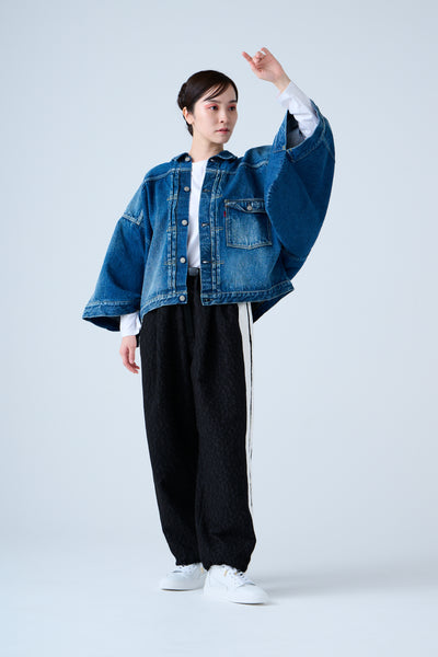 Folded jacquard shirred pants in black