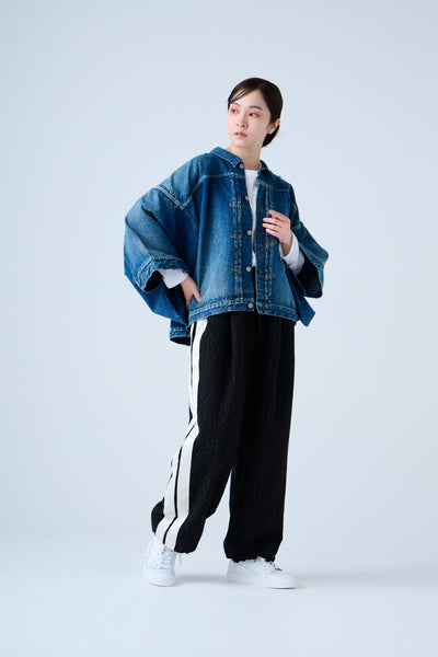 Folded jacquard shirred pants in black