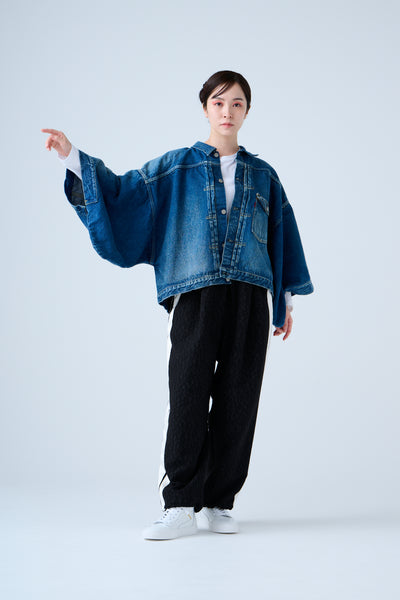 Folded jacquard shirred pants in black