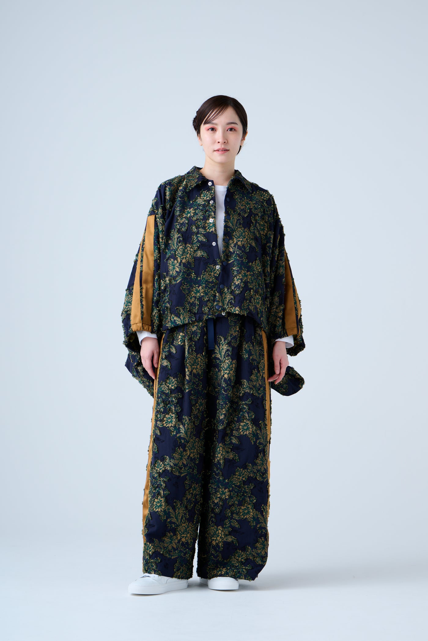 Floral jacquard drawstring pants green yellow