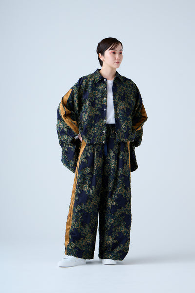 Floral jacquard drawstring pants green yellow