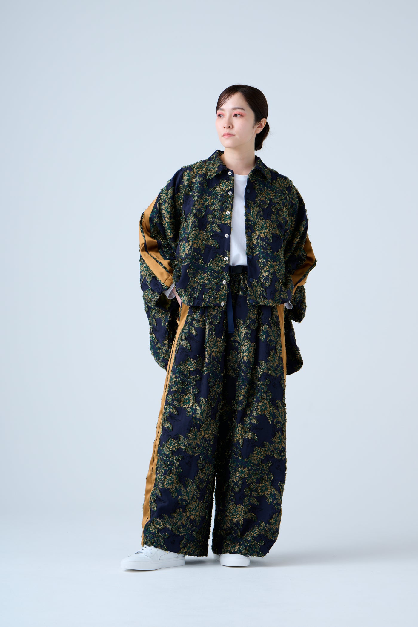 Floral jacquard drawstring pants green yellow