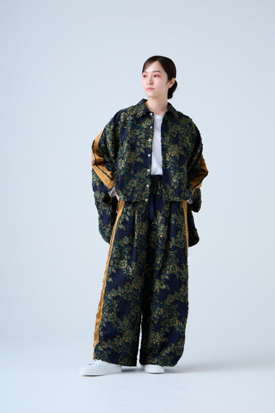 Floral jacquard drawstring pants green yellow