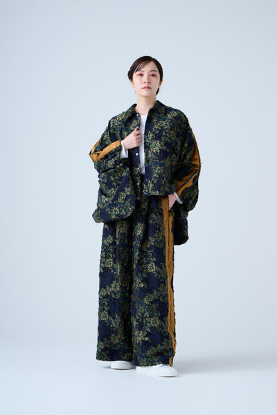 Floral jacquard drawstring pants green yellow
