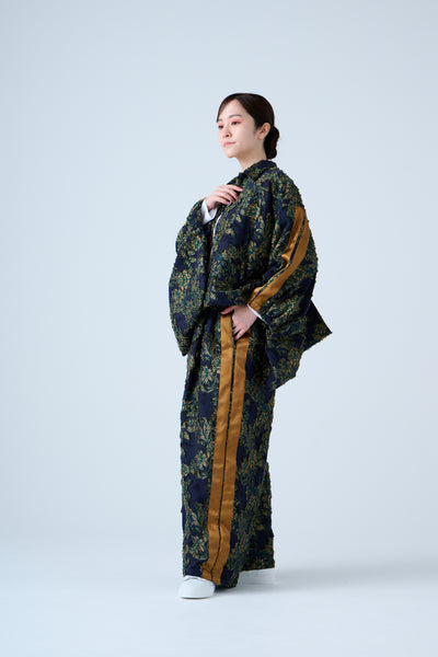 Floral jacquard drawstring pants green yellow