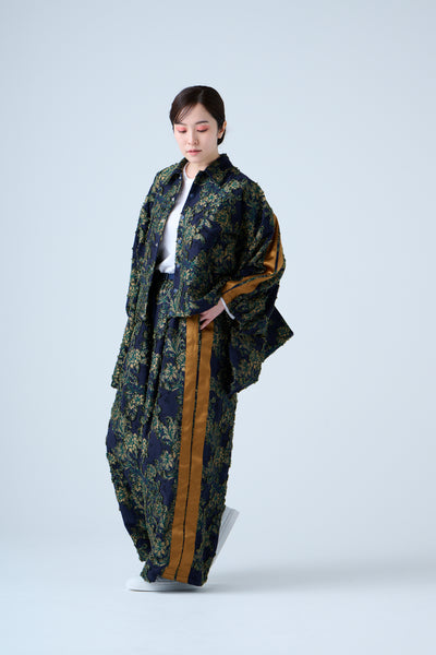 Floral jacquard drawstring pants green yellow