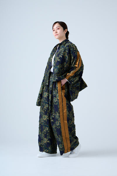 Floral jacquard drawstring pants green yellow