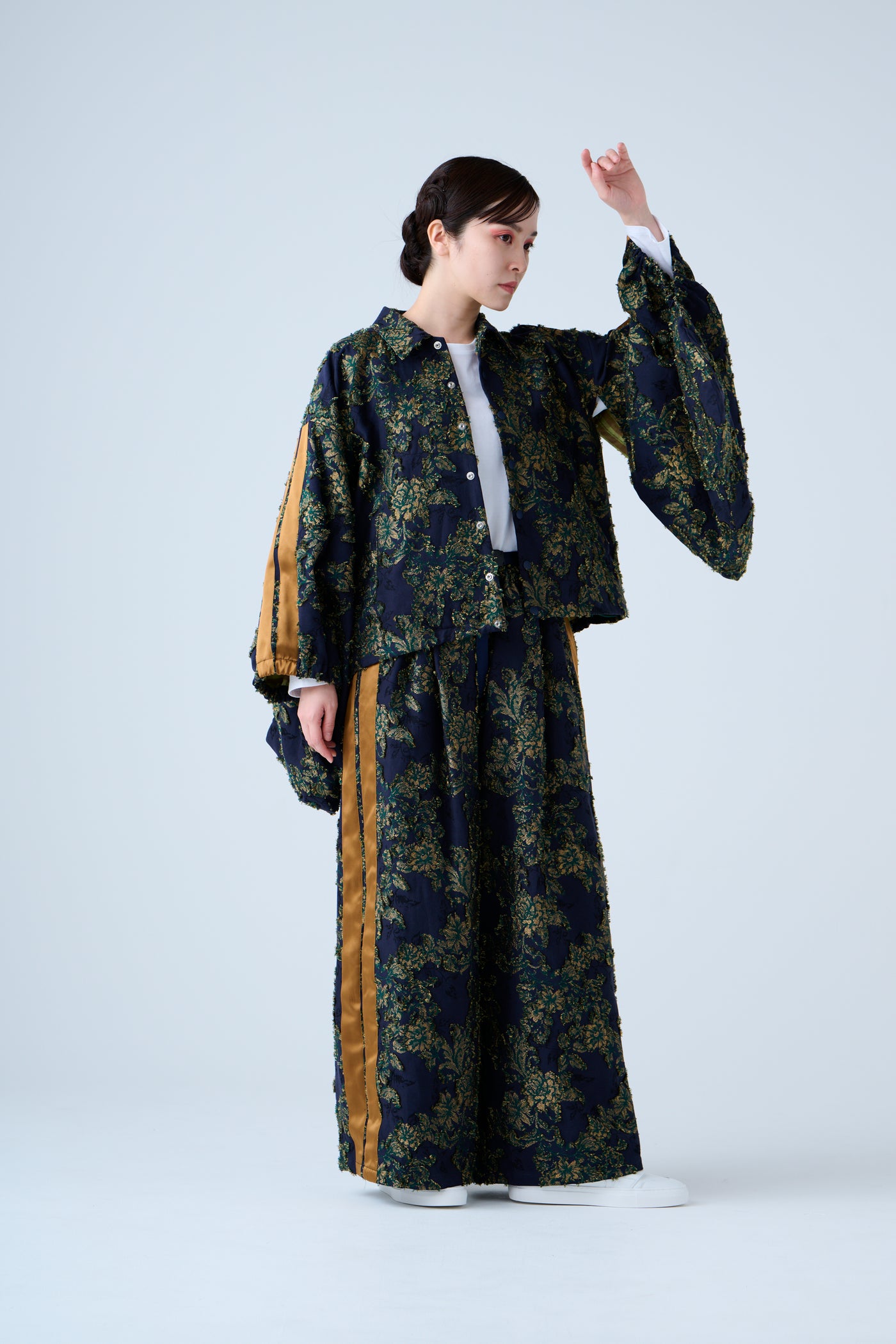 Floral jacquard drawstring pants green yellow
