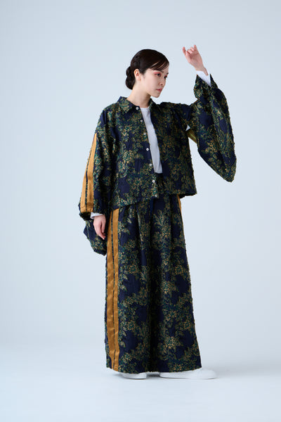 Floral jacquard drawstring pants green yellow
