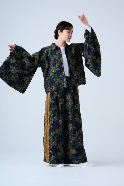 Floral jacquard drawstring pants green yellow