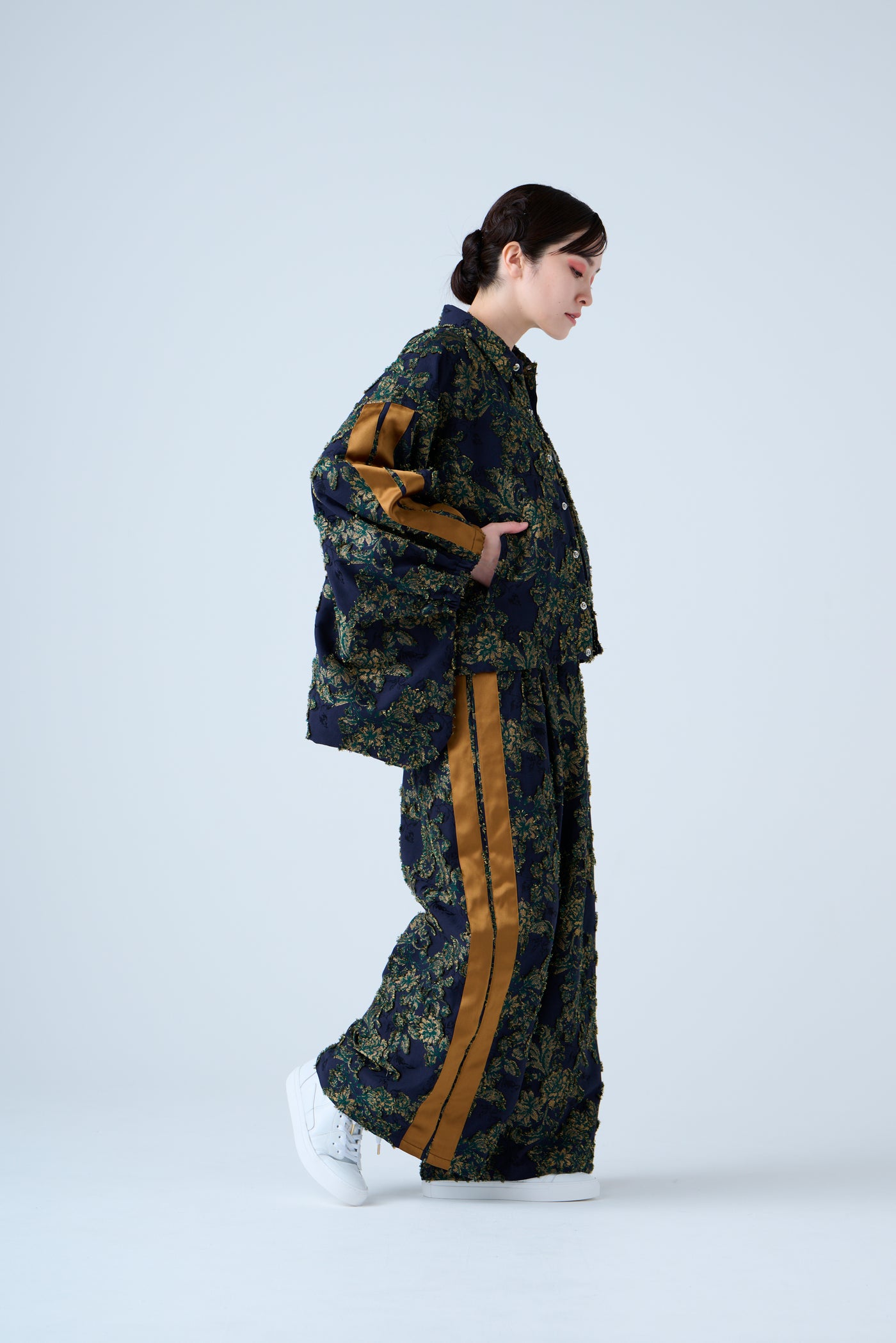 Floral jacquard drawstring pants green yellow