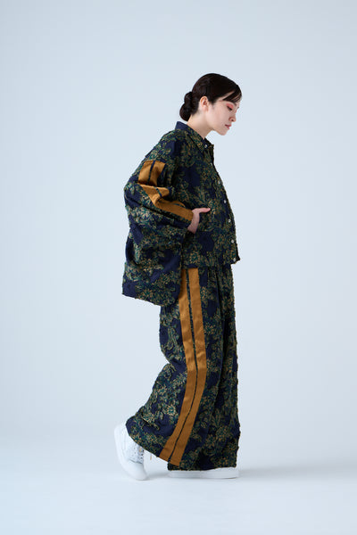 Floral jacquard drawstring pants green yellow