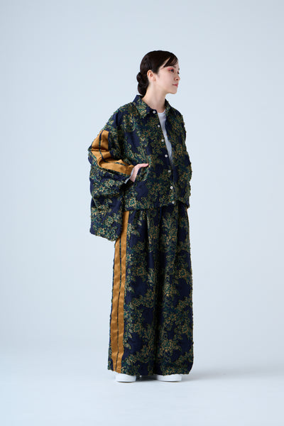 Floral jacquard drawstring pants green yellow