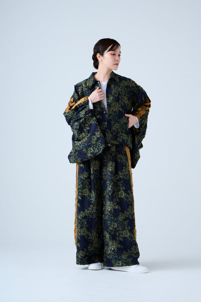 Floral jacquard drawstring pants green yellow