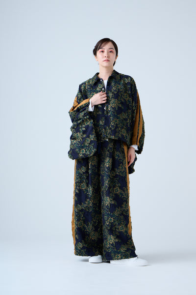 Floral jacquard drawstring pants green yellow