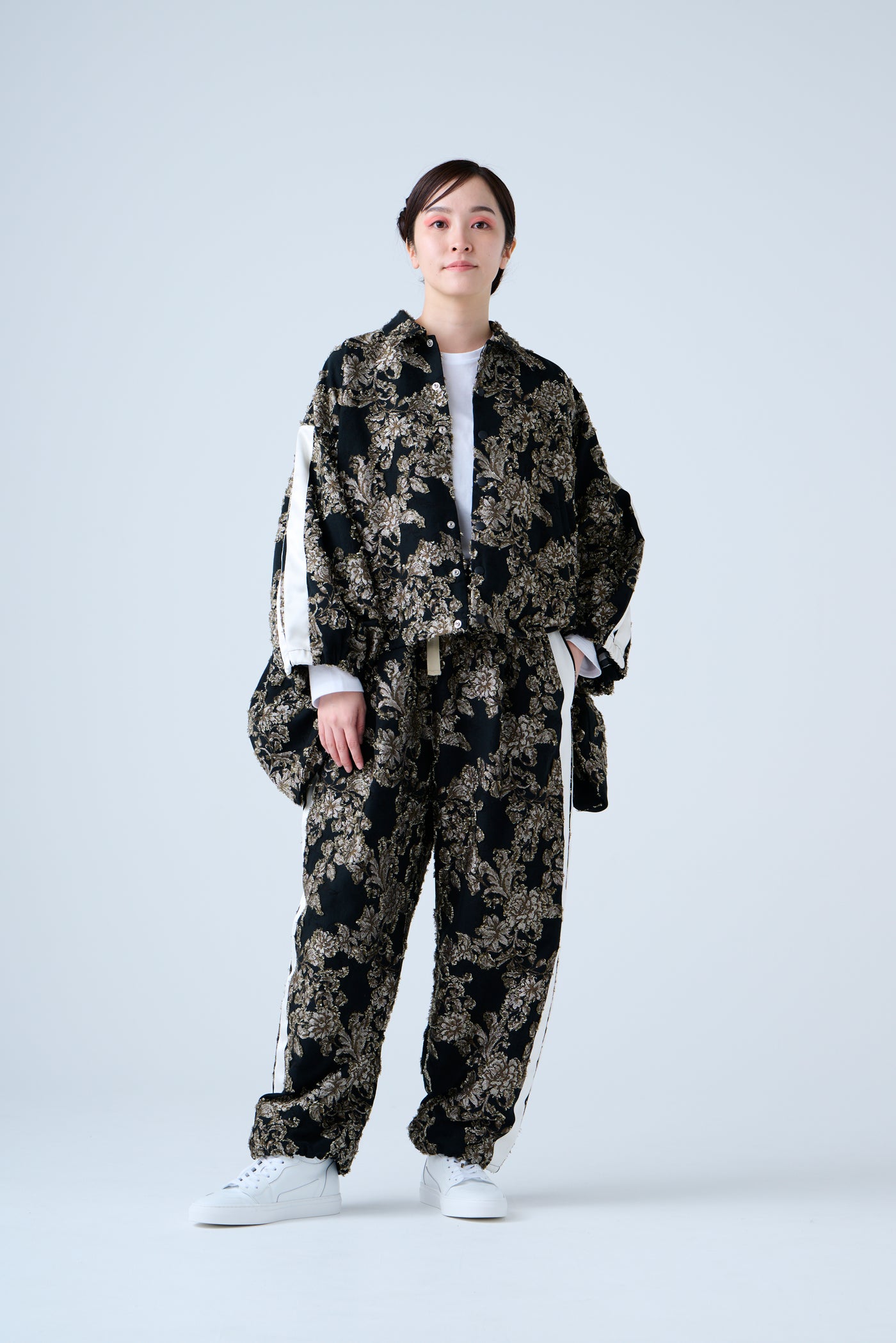 Floral jacquard track jacket beige black