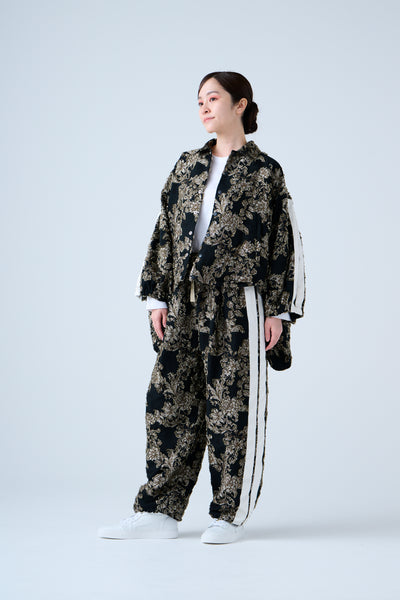 Floral jacquard shirred pants in beige and black