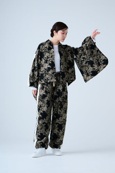 Floral jacquard shirred pants in beige and black