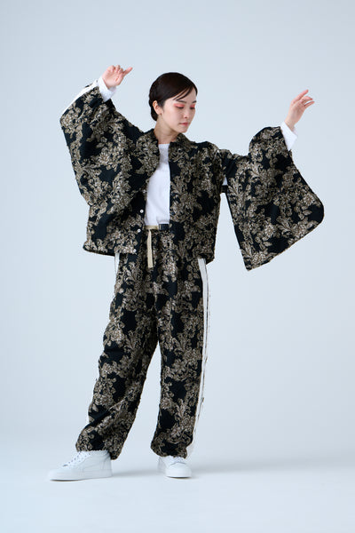 Floral jacquard shirred pants in beige and black