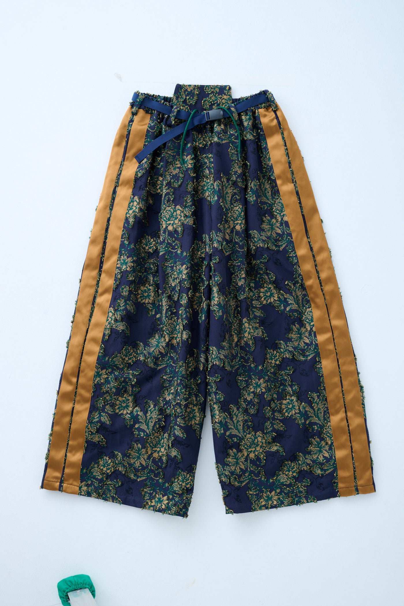 Floral jacquard drawstring pants green yellow