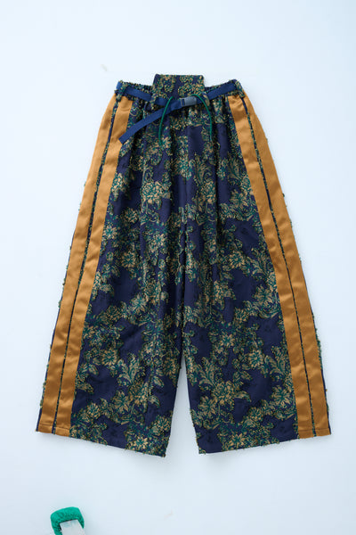 Floral jacquard drawstring pants green yellow