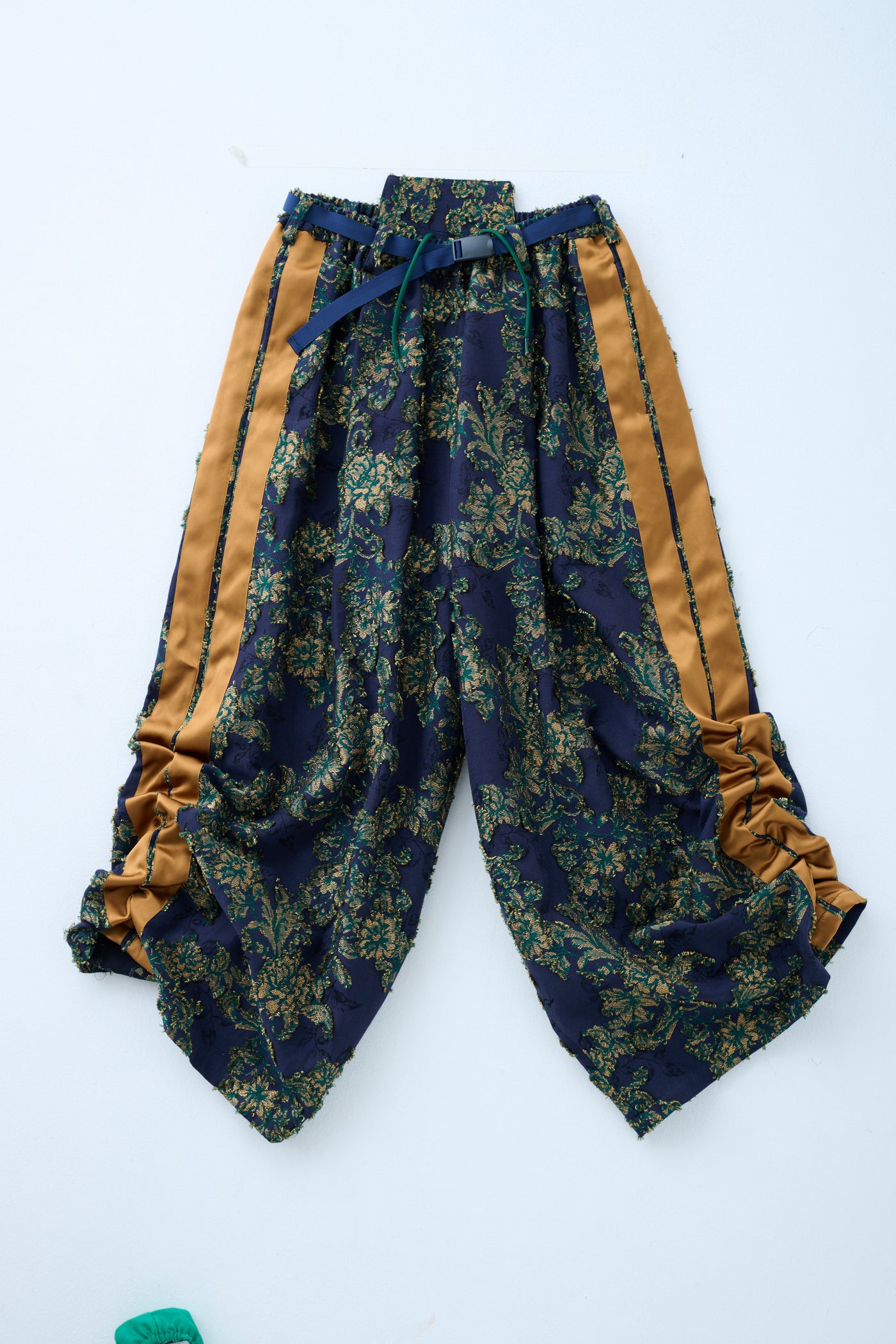 Floral jacquard drawstring pants green yellow