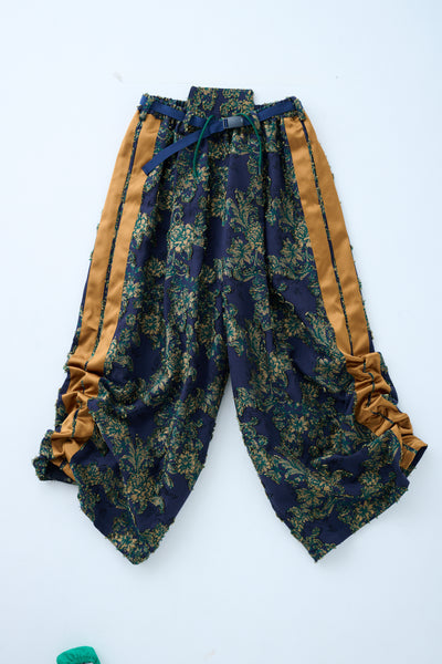 Floral jacquard drawstring pants green yellow